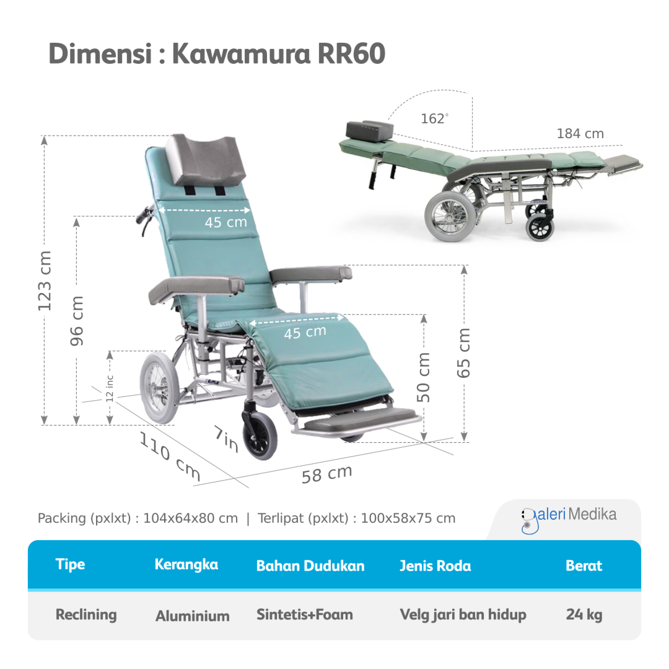 Kursi Roda Kawamura Type RR60 - Reclining Wheelchair | Galeri Medika