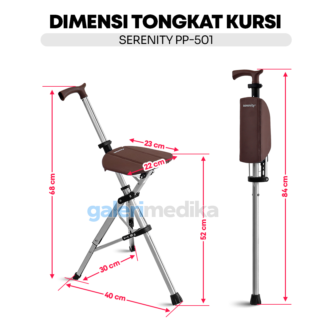 Premium Tongkat Kursi Lipat Serenity PP-501 Aluminium 2 Fungsi