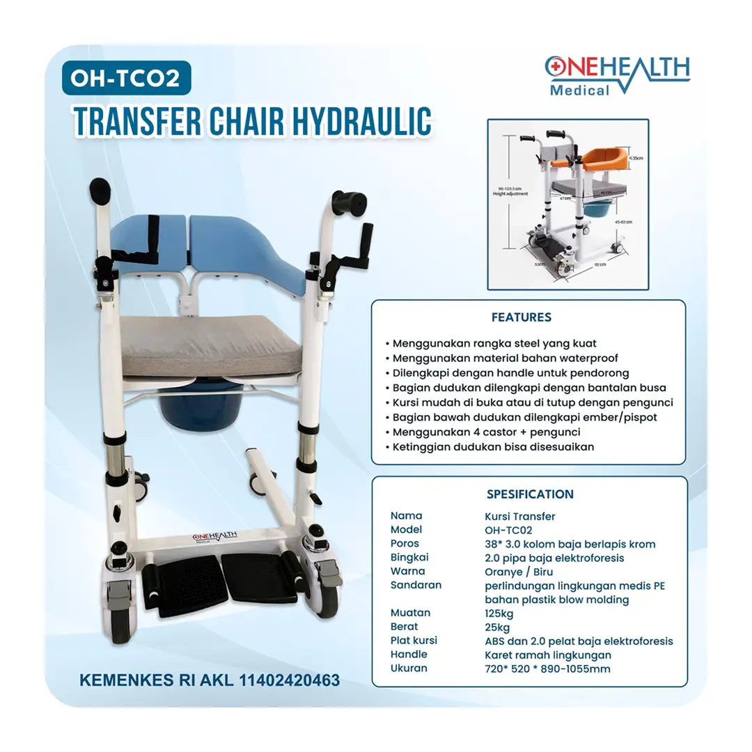 Kursi Roda Transfer Pasien OneHealth OH-TC02 Semi Hidrolik + Commode